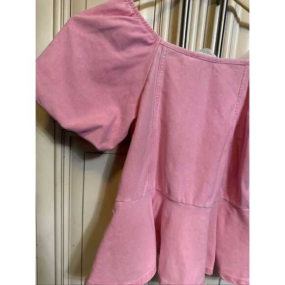 H&M Girls Denim Look Puff Sleeve Square Neck Peplum Blouse Light Pink Size 8-10 - Picture 4 of 7